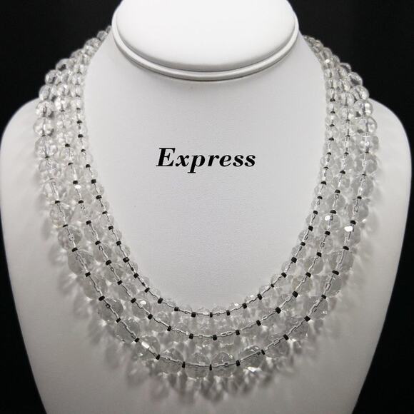 Vintage Express Clear Glass 3 Strand Necklace, Black Seed Bead Accents, 19 Inch - Picture 1 of 6